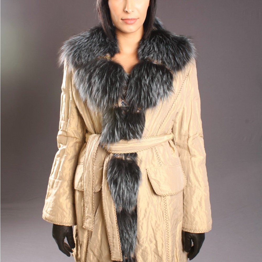 Elegant Tan Coat with Silver Fox Trim